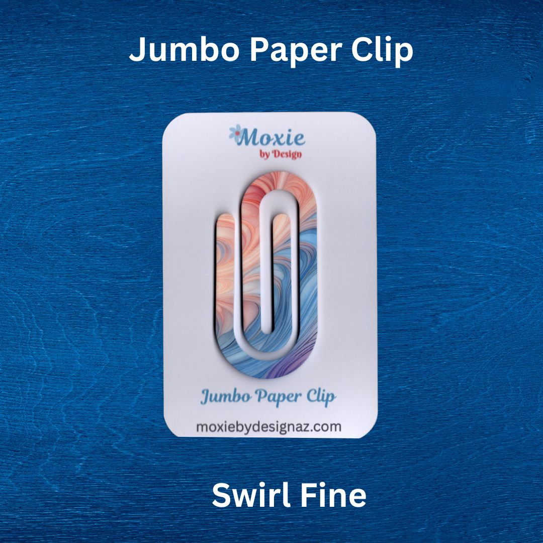 Colorful swirl jumbo paper clip on a blue background, ideal for organizing papers or as a fun gift.