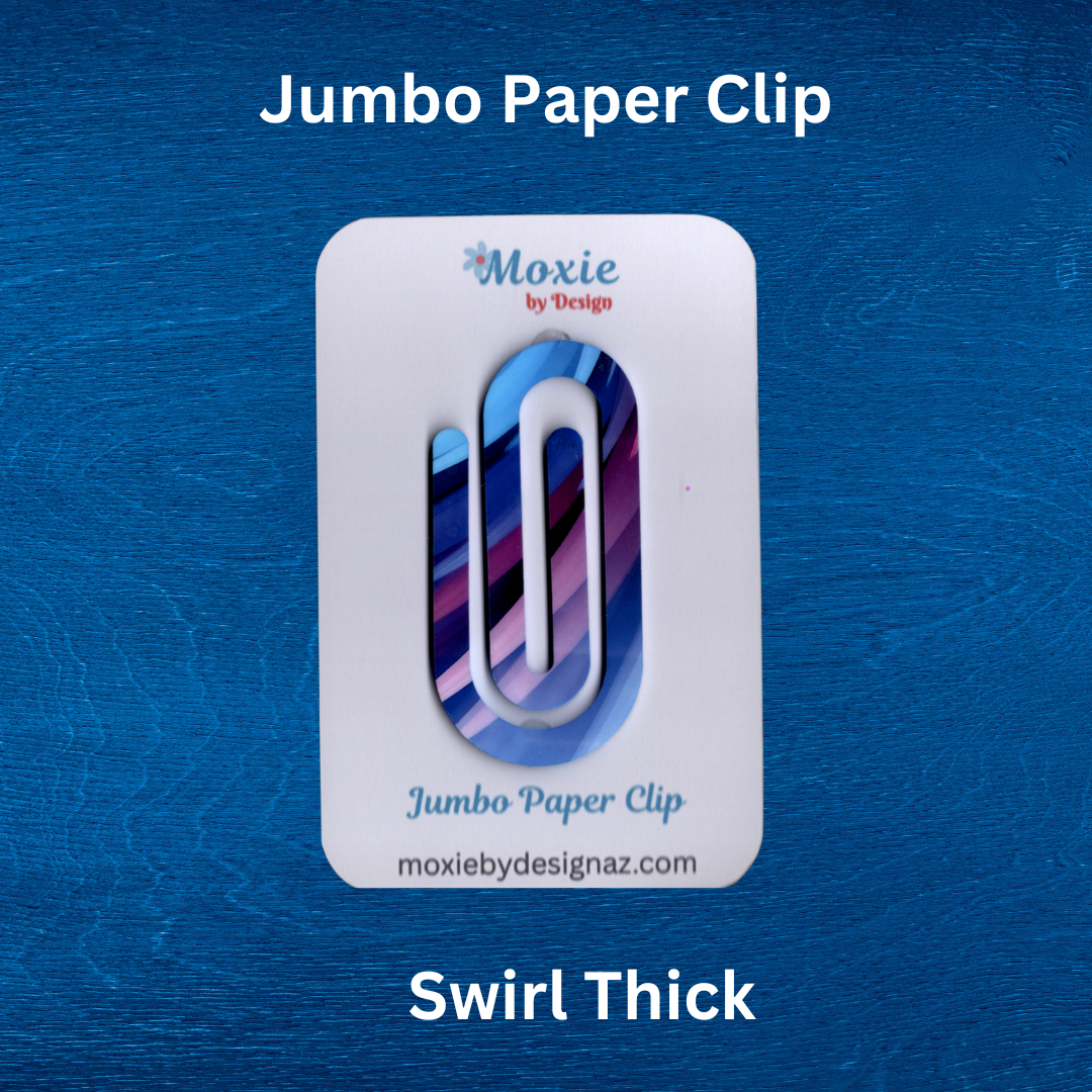 Colorful swirl thick jumbo paper clip on a blue background, ideal for organizing papers and adding fun to stationery.