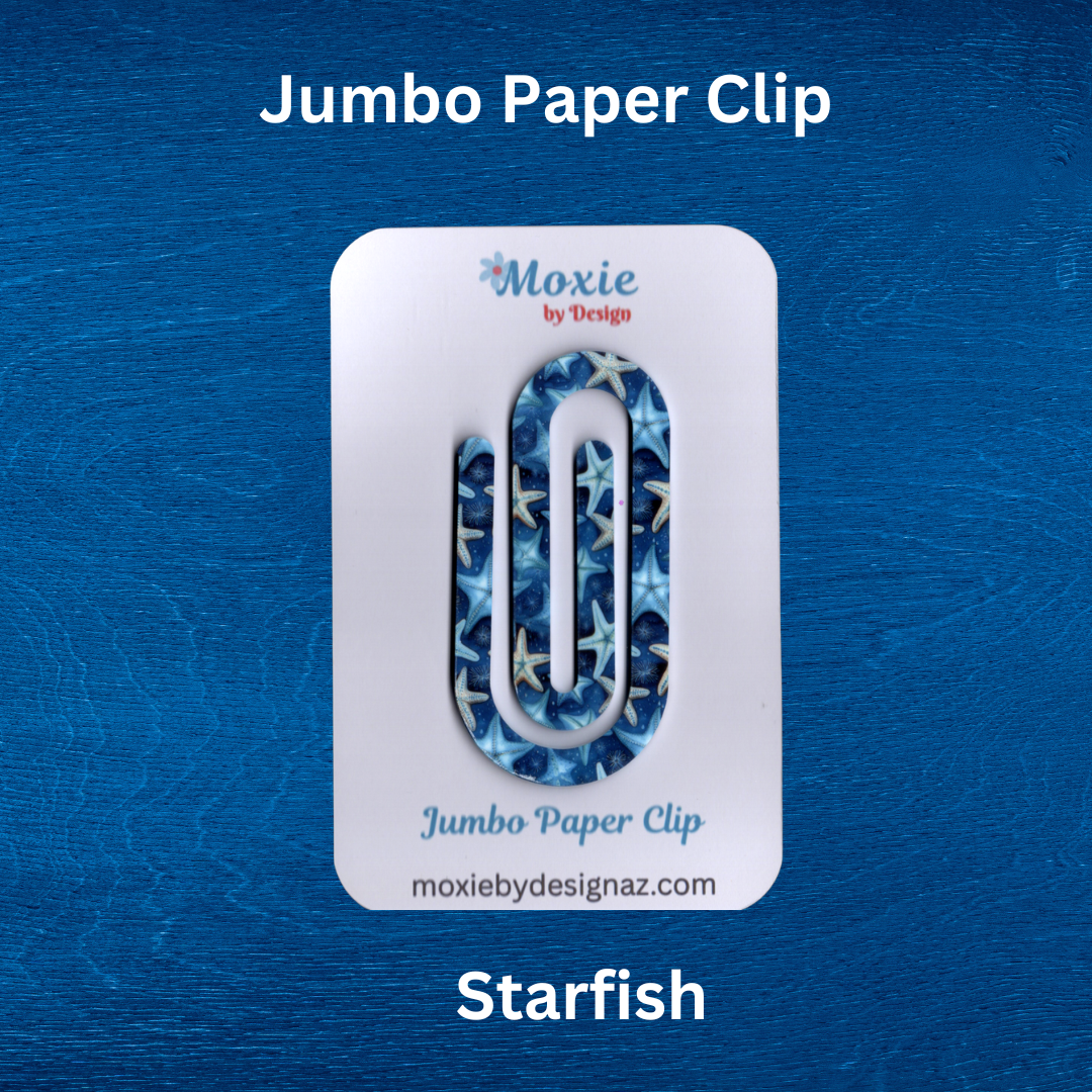 Colorful starfish jumbo paper clip on a blue background, perfect for organizing papers or gifts.