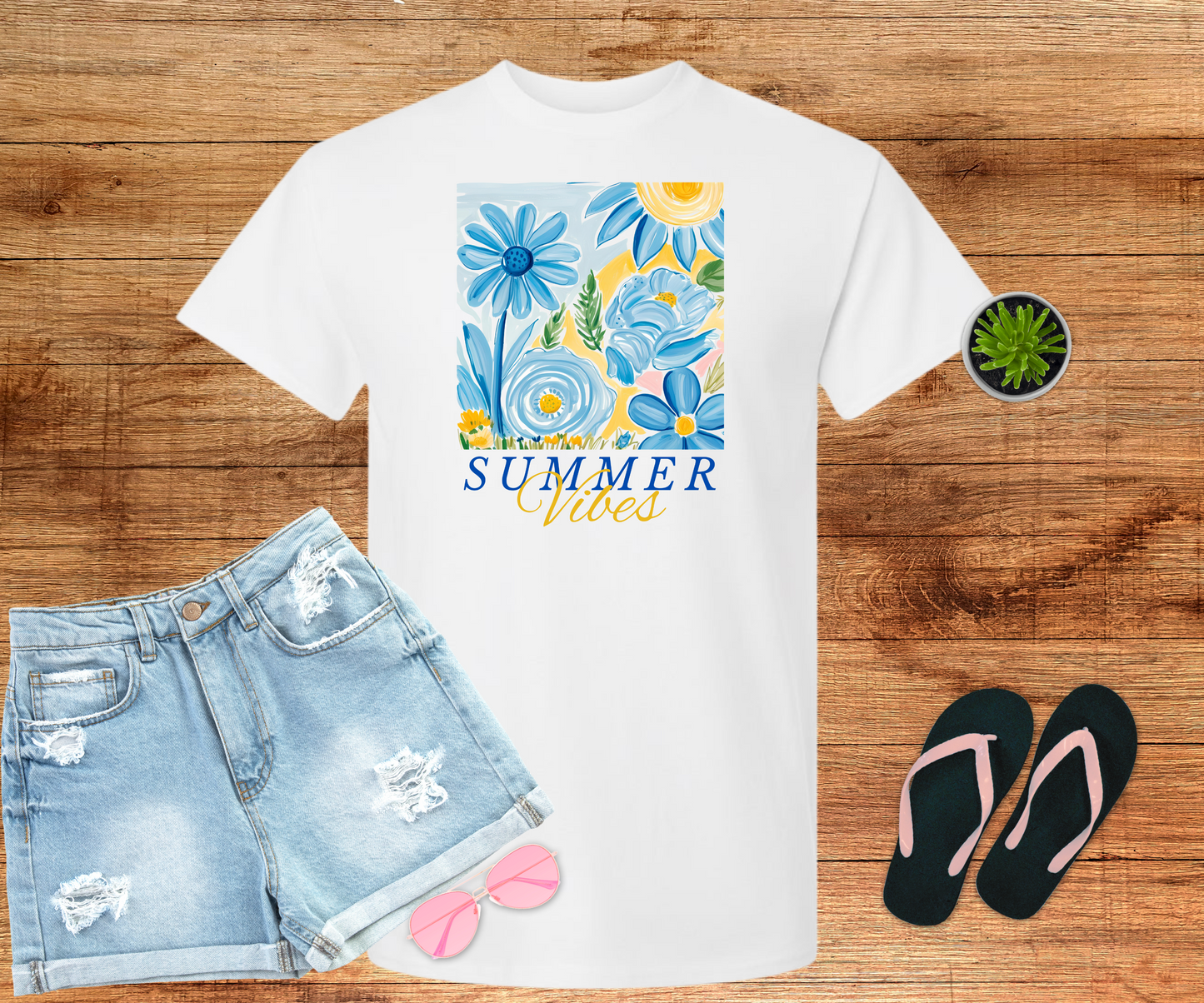 Summer Vibes Blue Floral Tee Shirt