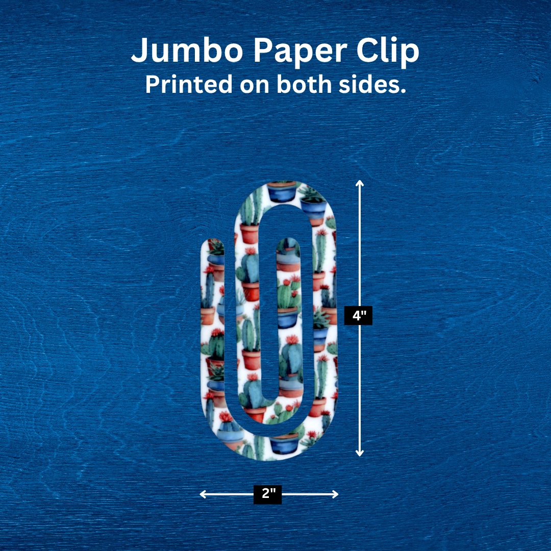 Colorful jumbo paper clip featuring cactus design, measuring 4" x 2", perfect for organizing papers.