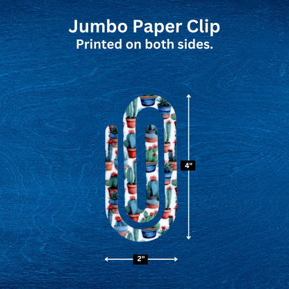 Colorful jumbo paper clip featuring cactus design, measuring 4" x 2", perfect for organizing papers.