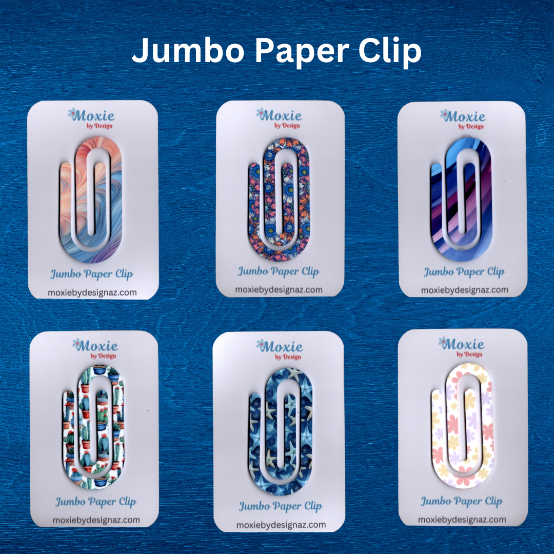Colorful acrylic jumbo paper clips in various designs on display against a blue background.